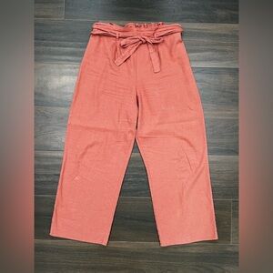 Monteau linen blend Paperbag Waist Pants Size L Coral Tie Waist Wide